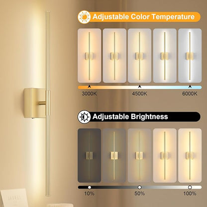 Battery Operated Wall Sconce, 3000K-6000K Dimmable Gold Wall Lights with Remote Control, Timable LED Wireless Wall Sconces, 350° Ratate for Bathroom, Living Room, Hallway 29.1 Inch 1 Pack