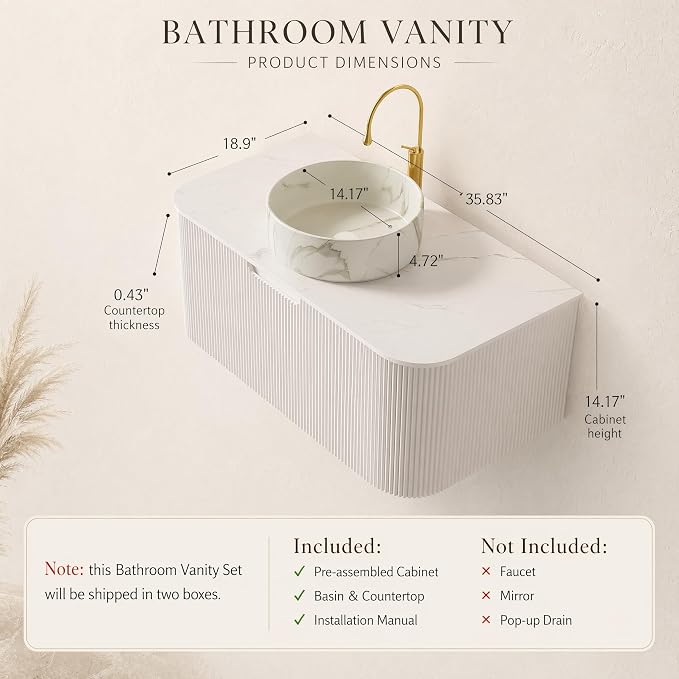 36 Inch Bathroom Vanity with Sink, Floating Wall Mounted Single Sink Vanity, White Curved Fluted Front, Stone Top, Marble-Look Round Vessel Basin, Pre-Assembled