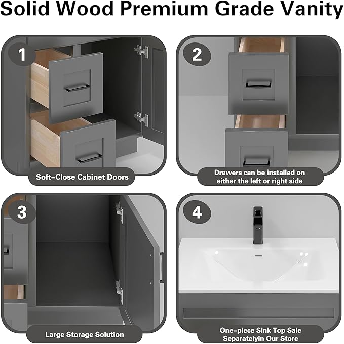 30" Shaker Bathroom Vanity Sink Base with Drawers (Ready-to-Assemble) (Grey Shaker Vanity Base)