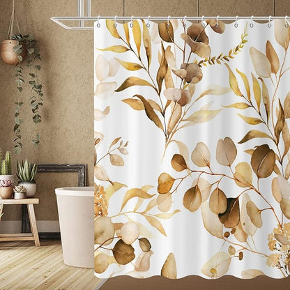 Brown Eucalyptus Leaf Stall Shower Curtain, Brown Botanical Watercolor Plants Bathroom Curtain Bathtub Home Decor Waterproof Fabric Machine Washable with 6PCS Hooks,36" Wx72 L