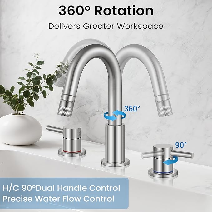 Bathroom Faucet 3 Hole, 8 Inch Widespread 2 Handle Pull Down Bathroom Sink Faucets with Pop Up Drain and 360° Swivel Spout, Brushed Nickel