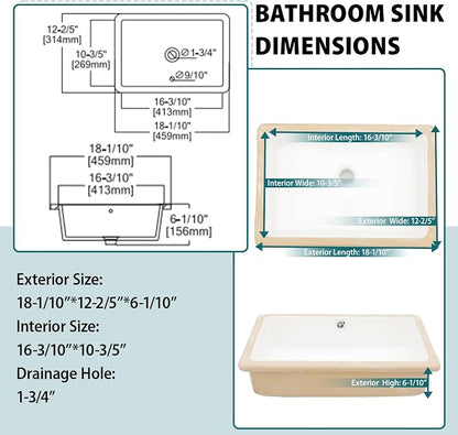 White Ceramic 18"x12" Undermount Bathroom Lavatory Sink | Rectangle under counter white bathroom vessel sink for bathroom with overflow
