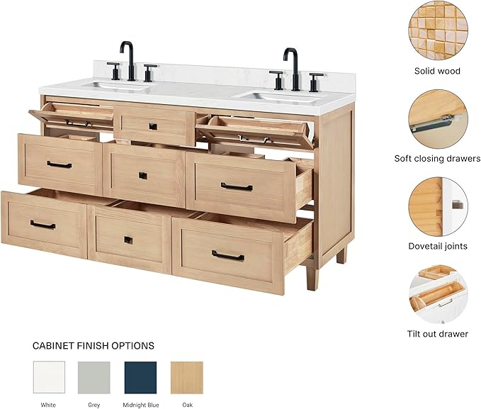 ARIEL Monroe 66-inch Bathroom Vanity with Sink,Solid Wood, 1.5-inch Carrara White Quartz Countertop & Backsplash, Double Oval Porcelain Sink, 9 Dovetail Drawers, Matte Black, White Oak