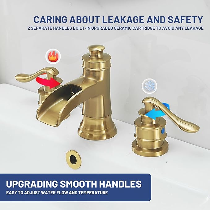 BWE Widespread Bathroom Faucet 3 Hole Brushed Gold Bathroom Sink Faucet 8 Inch Two Handles Vanity Faucet with Pop Up Drain Assembly and Supply Hose