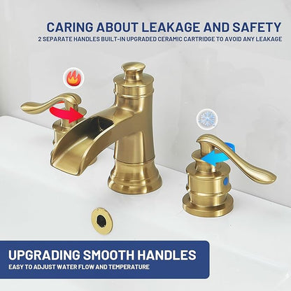 BWE Widespread Bathroom Faucet 3 Hole Brushed Gold Bathroom Sink Faucet 8 Inch Two Handles Vanity Faucet with Pop Up Drain Assembly and Supply Hose