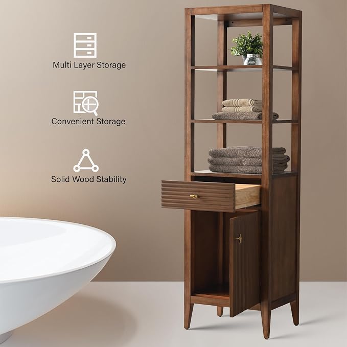 Vanity Art Walnut Vanity with Storage Cabinet & Shelves, Free-Standing Vanity with Soft-Closing Doors, Walnut, VA91-LC-Walnut-MB,Matte Black Handles