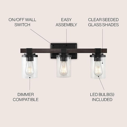 JONATHAN Y 22.75" Oil Rubbed Bronze LED Vanity Light, Rustic Farmhouse Sconce, Clear Seeded Glass Shade, Industrial Wall Lamp for Bathroom Mirror, Kitchen Sink, LED Bulb (JYL7509A)