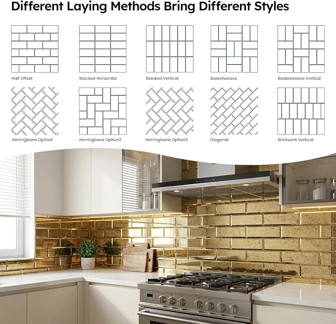 Peel and Stick Mirror Tile, Light Antique with Gold, 3x6 Inch, Beveled Mirror Backsplash for Kitchen Bar Bathroom Wall Tiles (5 Sq.ft, 40 Pcs)