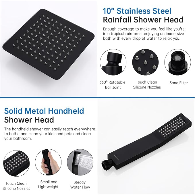 G-Promise All Metal 10 Inches Rainfall Shower Head with Handheld Combo | All Metal, Built to Last, Easy Install, Adjustable Height & Angle for All Heights, Extra Long Hose, Modern Upgrade