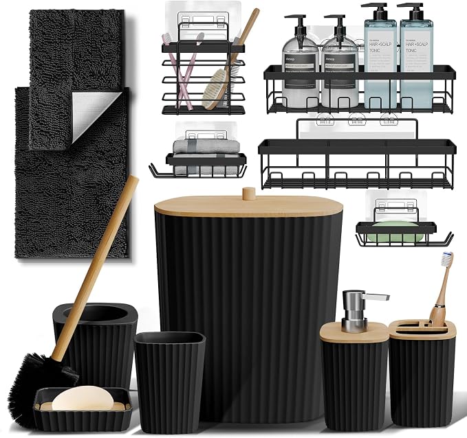 Clara Clark Bathroom Set - Black Bathroom Accessories Set, 6PC Bathroom Accessory Set, Bathroom Sets with Bathroom Rugs, Adhesive Corner Shower Caddy Hanging, Toilet Brush, Trash Can & Soap Dispenser