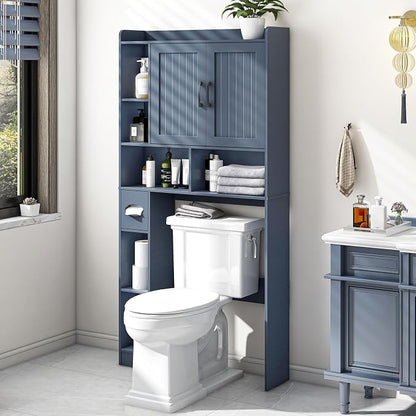 Vabches Farmhouse Over The Toilet Storage Cabinet with Barn Door, Blue | Storage Cabinet Over Toilet, Home Space-Saving Toilet Rack, for Bathroom, Restroom, Laundry