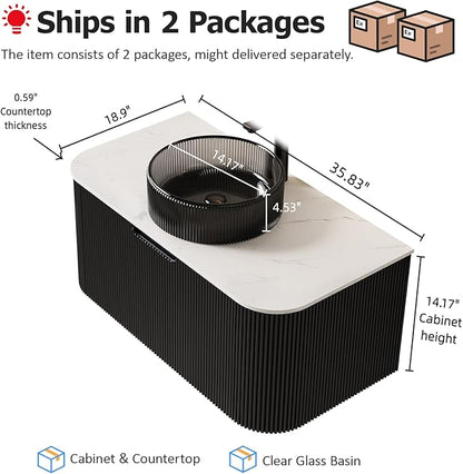 36" Floating Bathroom Vanity with Sink, Plywood Modern Bathroom Storage Cabinet with Ultra-Thin Crystal Glass Basin and Marble Top, Soft-Close Design, Pre-Assembled, Gloss Black