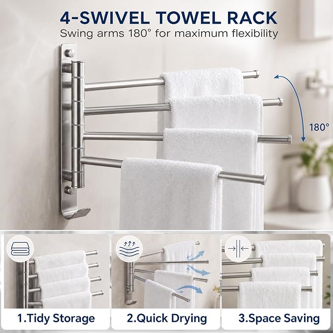 LemonRoad 5 Pcs Bathroom Hardware Set, Stainless Steel Wall Mounted Bathroom Towel Rack and Ring, 13.8" Swivel Towel Rack, Toilet Paper Holder, Robe Hooks, Space-Saving, for Modern Bath