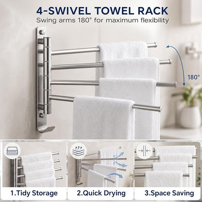 LemonRoad 5 Pcs Bathroom Hardware Set, Stainless Steel Wall Mounted Bathroom Towel Rack and Ring, 13.8" Swivel Towel Rack, Toilet Paper Holder, Robe Hooks, Space-Saving, for Modern Bath