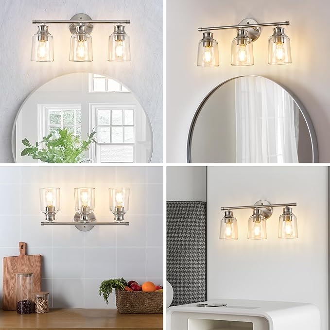 Bathroom Light Fixtures Over Mirror, 3 Lights Vanity Lights with Clear Glass Shade, 18.1" Brushed Nickel Farmhouse Bathroom Wall Light Fixtures for Bedroom, Hotel, Mirror Cabinet