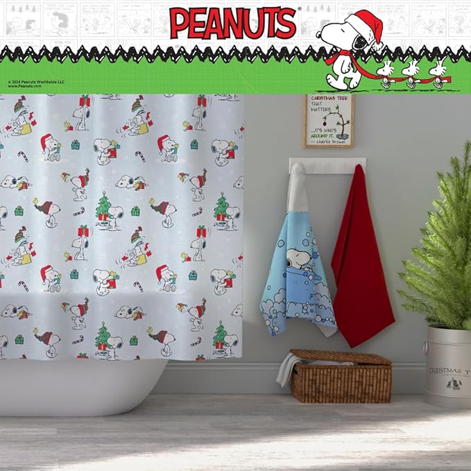 Peanuts Holiday Christmas Bath 13-Piece Shower Curtain Set, 72 x 72 Inch Fabric Curtain with Hooks, Bathroom Decor, Machine Washable, (100% Officially Licensed Product) by Franco Collectibles.
