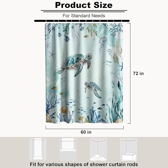 Ocean Nautical Turtle Shower Curtain Cute Modern Luxury Tropical Coral | Funky Shower Curtains for Bathroom, Waterproof Bath Curtain with Hooks Machine Washable Bathtub Curtains 60x72 Inch Blue