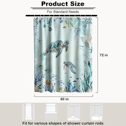 Ocean Nautical Turtle Shower Curtain Cute Modern Luxury Tropical Coral | Funky Shower Curtains for Bathroom, Waterproof Bath Curtain with Hooks Machine Washable Bathtub Curtains 60x72 Inch Blue