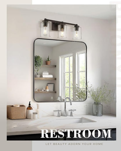 Beionxii 25In Farmhouse Bathroom Light Fixtures,Rustic Vanity Light Fixture | 3-Light Bathroom Vanity Light Fixture, Seeded Glass Shade, Oil Rubbed Bronze Over Mirror for Bathroom Living Room, BXMB9002-3