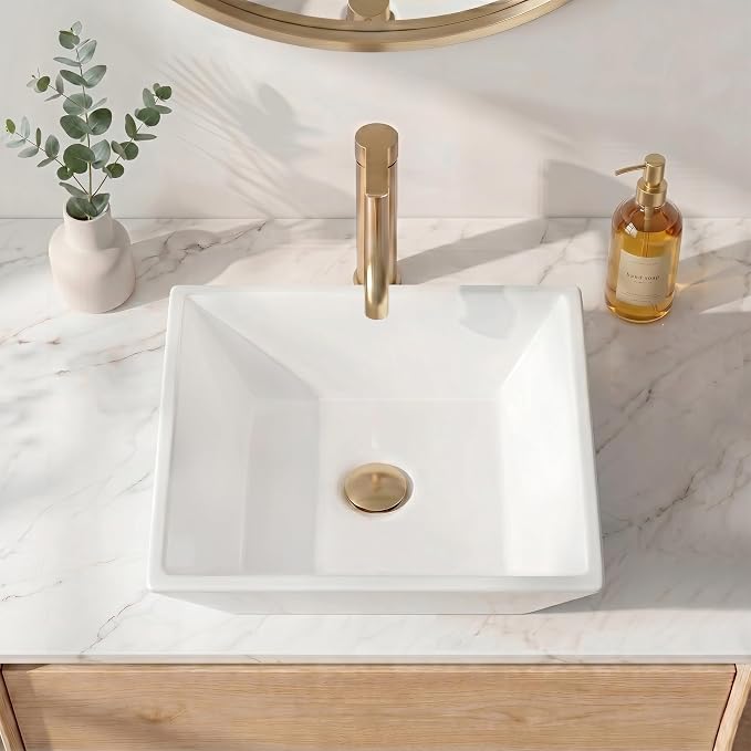 KES 17" Square Vessel Sink for Bathroom Vanity Countertop, Glossy White Ceramic Porcelain Bathroom Sink Bowl Above Counter, Modern Look, BVS141