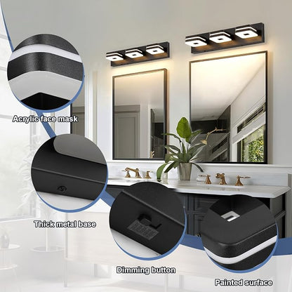 Modern Bathroom Vanity Lights, 3-Light Dimmable LED Wall Sconce, Matte Black Vanity Light for Mirror, 5CCT Adjustable Vintage Bathroom Lighting Fixtures Over Sink