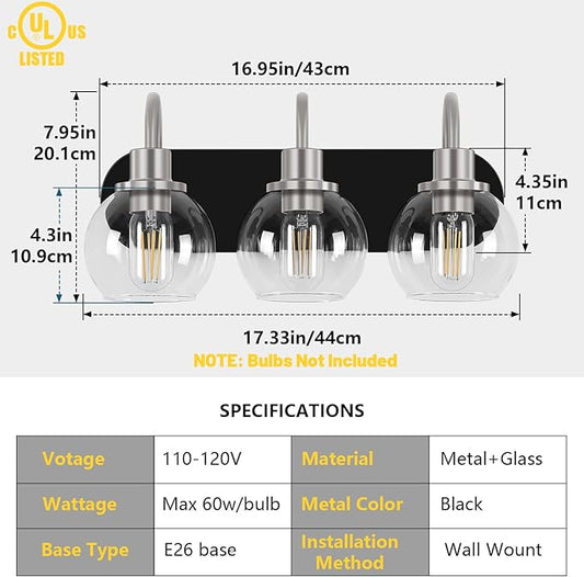 Modern 3-Light Vanity Light, Bathroom Lighting Fixture Over Mirror With Clear Glass Shade and Metal Base, Matte Black and Brushed Nickel