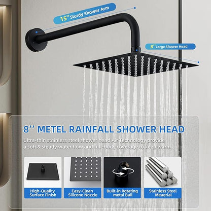 Shower Faucet Set With 8" Shower Head And Handheld Black | Wall Mounted Shower System Valve Include 2 Function