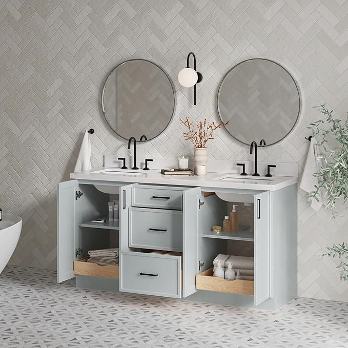 ARIEL Kelly 66-inch Bathroom Vanity with Sink,Solid Wood, 1.5-inch Pure White Quartz Countertop & Backsplash, Double Rectangular Porcelain Sink, 4 Soft Closing Doors, 5 Dovetail Drawers, Grey