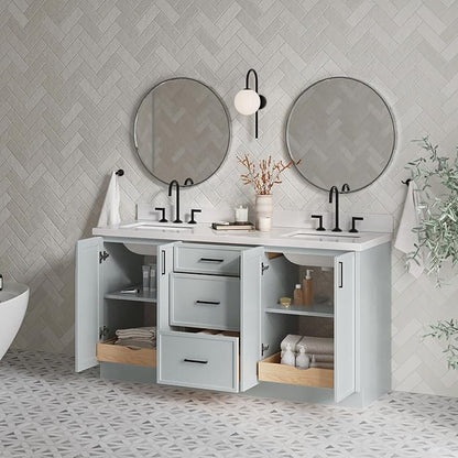 ARIEL Kelly 66-inch Bathroom Vanity with Sink,Solid Wood, 1.5-inch Pure White Quartz Countertop & Backsplash, Double Rectangular Porcelain Sink, 4 Soft Closing Doors, 5 Dovetail Drawers, Grey