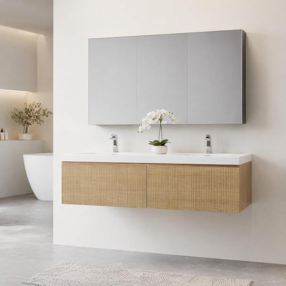Floating Bathroom Vanity, 60" Wall Mounted Bathroom Cabinet with 2 Glossy White Stone Resin Sinks & U-Shaped Soft-Close Drawers, Pre-Assembled Striped Storage Vanity for Bathroom, Natural Wood