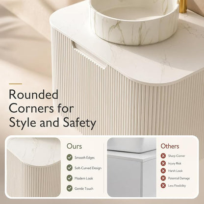 24 Inch Bathroom Vanity with Sink, Floating Wall Mounted Single Sink Vanity for Small Baths, White Curved Fluted Front, Stone Top, Marble-Look Round Vessel Basin, Pre-Assembled