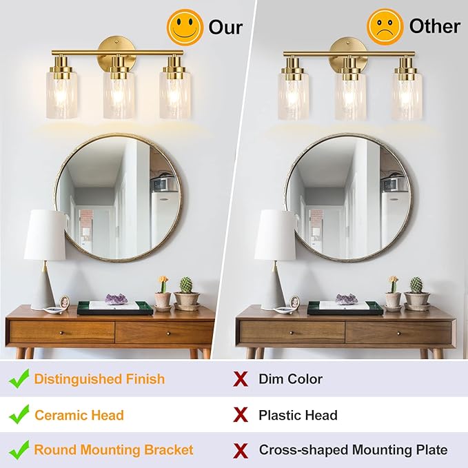 Bathroom Light Fixtures Gold Vanity Light 3 Light Wall Sconces Lighting Brushed Brass Lights with Clear Glass Shades Bath Wall Lamp for Mirror Kitchen
