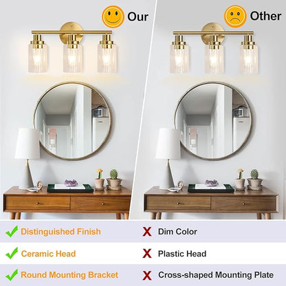 Bathroom Light Fixtures Gold Vanity Light 3 Light Wall Sconces Lighting Brushed Brass Lights with Clear Glass Shades Bath Wall Lamp for Mirror Kitchen