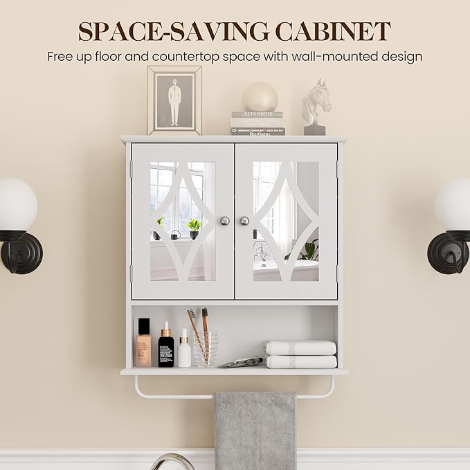 Bathroom Medicine Cabinet with Adjustable Shelves and Towel Bar, Vanity Wall Mounted Storage Cabinet with Mirror, Hanging Wall Cabinet for Bathroom, Laundry, Living Room (White)