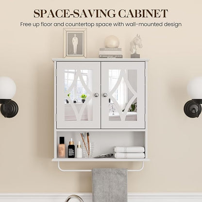 Bathroom Medicine Cabinet with Adjustable Shelves and Towel Bar, Vanity Wall Mounted Storage Cabinet with Mirror, Hanging Wall Cabinet for Bathroom, Laundry, Living Room (White)