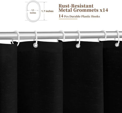 BTTN 84x72 Boho Scalloped Linen Textured Cloth Shower Curtain Set, Black | Wide Size, 230GSM Waterproof Polyester, Heavy Duty Fabric, 14 Plastic Hooks, Elegant Modern Farmhouse Style, Machine Washable