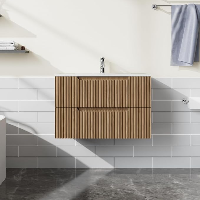 30” Wall Mounted Bathroom Vanity with Sink Floating Bathroom Cabinet Sink Combo, Soft-Close System, 2 Extra Big Drawers, Walnut