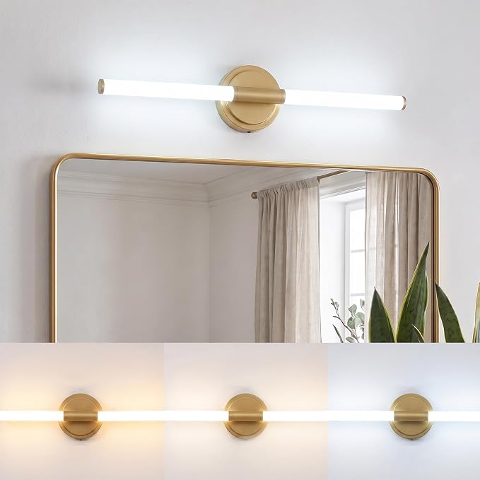 URSOLA 24" Modern LED Bathroom Light Fixtures, Satin Brass 3CCT Dimmable Bathroom Vanity Light Over Mirror, Bathroom Vanity Bath Bar Lights with 360° Removable Acrylic Light Tube