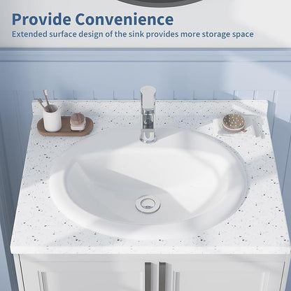 Bathroom Vessel Sink Semi-Recessed Round Ceramic Basin 20.24×17.01×7.64 inch, Single Faucet Hole Countertop Sink for Modern Vanity, Small Bathroom Upgrade and Home Renovation Projects