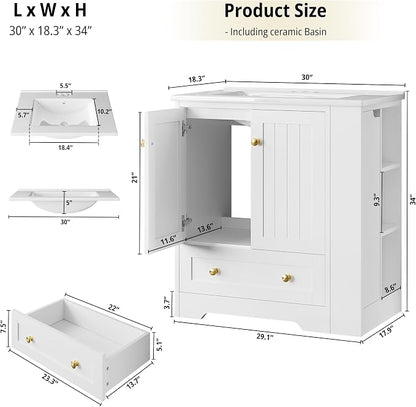 IRONCK Bathroom Vanity with Ceramic Sink, 30" Bathroom Cabinet, White | Features a Ceramic Sink, 3 Doors, 1 Drawer and Flexible Side Storage for Organized Bathroom Storage