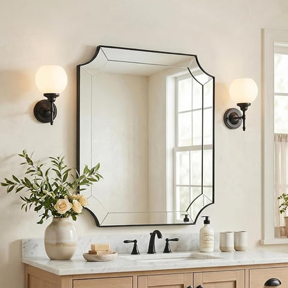 Matte Black Mirror 30x36 Inch, Black Scalloped Wall Mirror, Unique Rectangular Bathroom Mirror in Premium Stainless Steel Metal Frame 1" Deep, Hangs Vertically/Horizontally