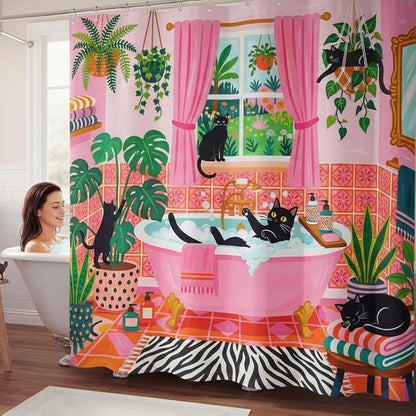 Accnicc Funny Cat Shower Curtain for Bathroom 72 X 84 Inches | Boho Cute Fun Black Cats Extra Long Shower Curtains, Tropical Plant Pink Bathroom Decor, Water-Resistant Washable Polyester