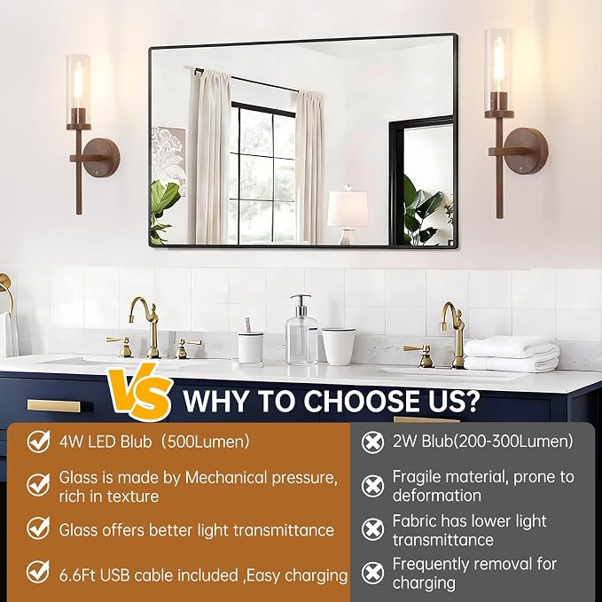 Shenmoyl Battery Operated Wall Sconces Set of 2, Walnut Color Rechargeable Wall Lighting Fixtures, Dimmable Wall Lights with Remote & Clear Glass Shade for Living Room, Bathroom,Bedroom