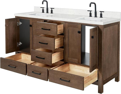 ARIEL Cambridge 60-inch Bathroom Vanity with Sink,Solid Wood, 1.5-inch Carrara White Quartz Countertop, Double Rectangular Porcelain Sink, 4 Soft Closing Doors, 6 Dovetail Drawers, Brown Oak