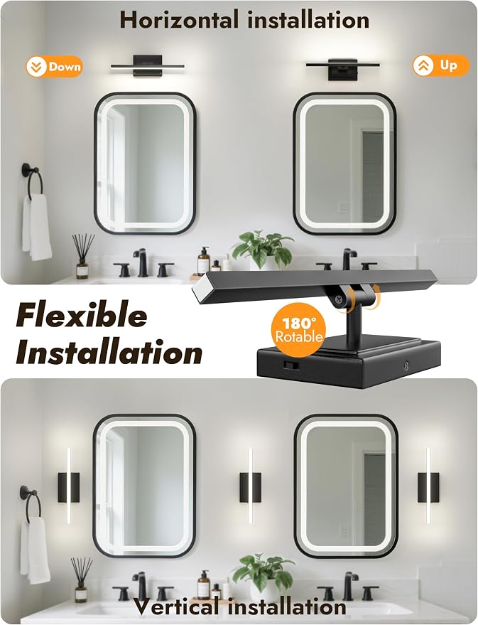 15.7 Inch Modern Bathroom Light Fixture, 12W 5CCT Dimmable LED Black Bathroom Vanity Lights Over Mirror, Vanity Lights for Bathrooms Restroom Mirror- ETL Certified