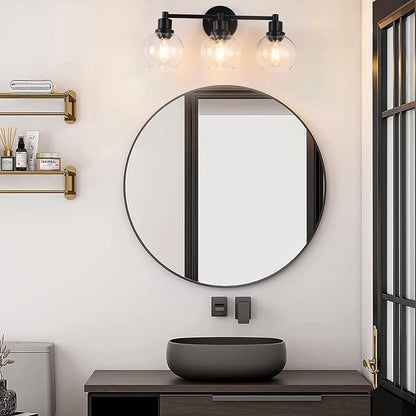 Bathroom Vanity Light 3 Light, Black Bathroom Light Fixtures with Clear Globe Glass Shade, Matted Black Wall Sconce Over Mirror for Kitchen, Living Room