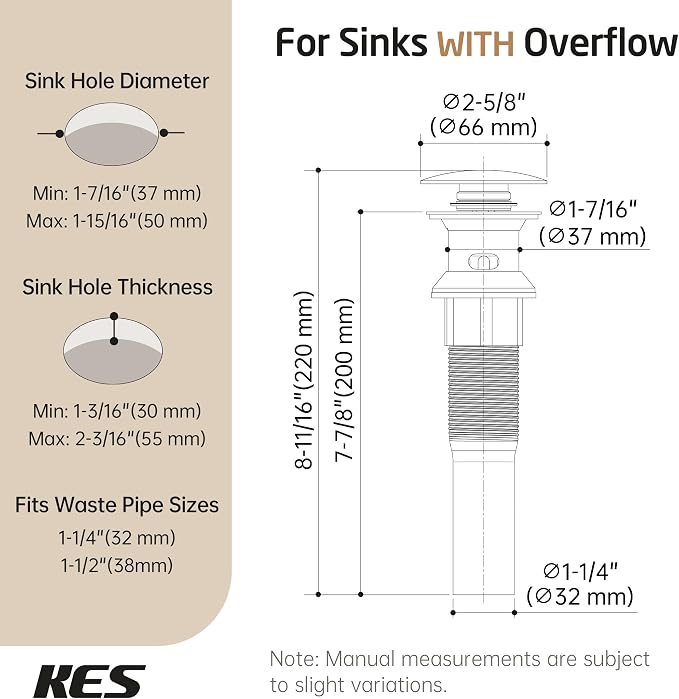 KES All Metal Bathroom Sink Drain with Overflow, 2 Pack, Lavatory Vanity Pop Up Drain with Detachable Hair Catcher, Rustproof 18/8 Stainless Steel, Matte Black, S2013A-BK-P2