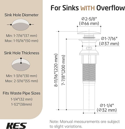 KES All Metal Bathroom Sink Drain with Strainer Basket Hair Catcher Anti Clog Pop Up Drain Stopper for Vanity Vessel Sink with Overflow, Rustproof 18/8 Stainless Steel Polished Chrome S2013A-CH