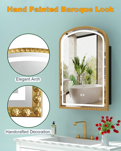 20x28 Inch Arched Medicine Cabinet with Mirror and Lights, LED Bathroom Mirror Cabinet with Defogging & Touch Light, Surface Mount and Recessed with 1 Storage Organizer, Daisy Beaded Frame Bling Gold