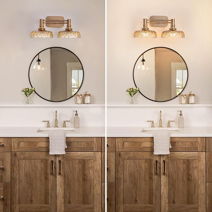 Vintage Bathroom Vanity Light Fixtures, 2-Light Brass Vanity Wall Light Over Mirror with Amber Glass Shade for Hallway Bedroom Living Room